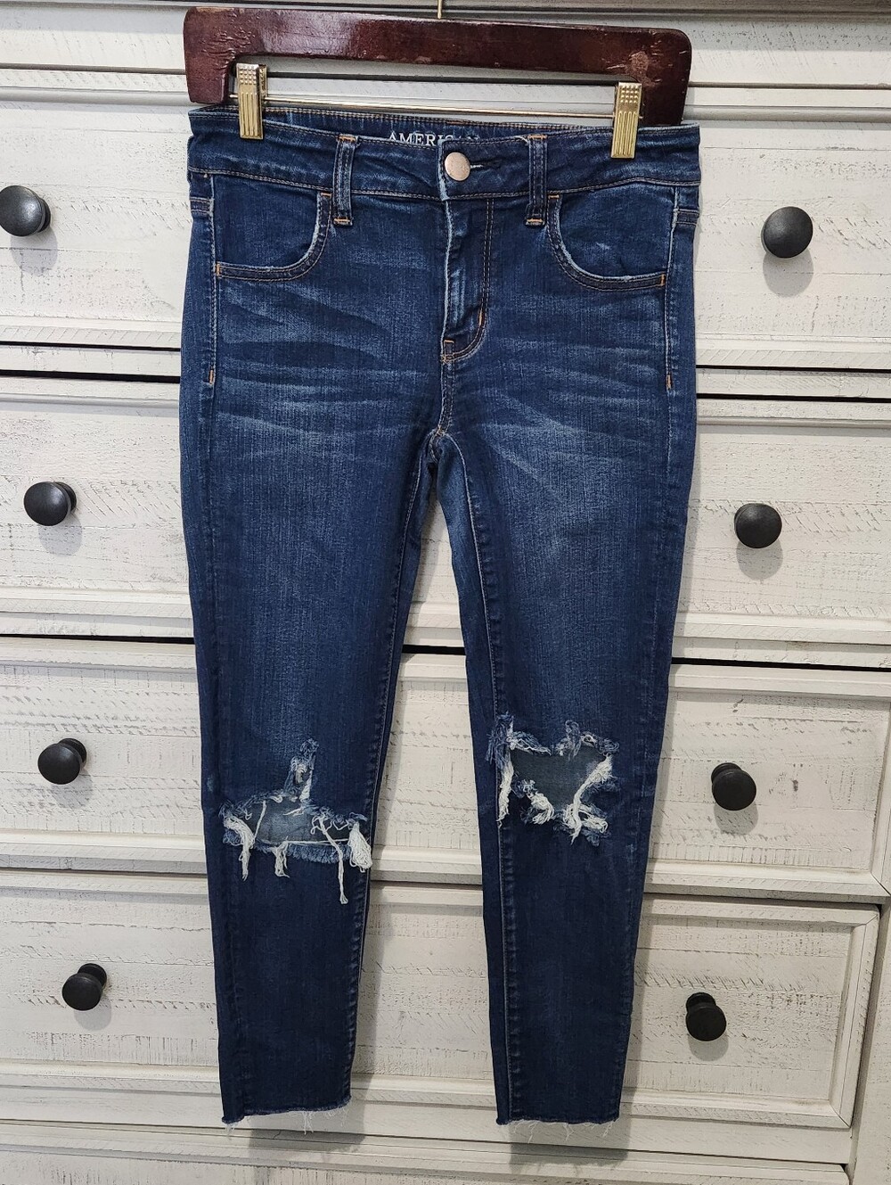 American Eagle Outfitters Dark Blue Skinny Jeans with Knee Distress